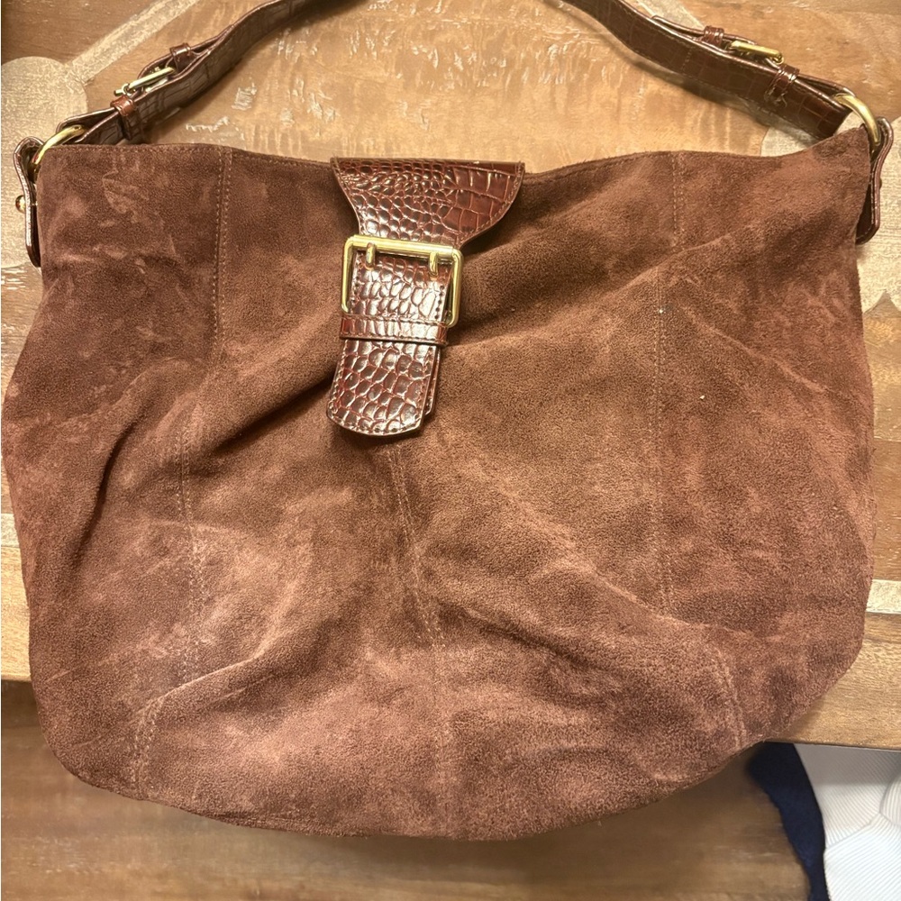 Brown suede RL bag with brown leather and gold details.